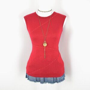 Vintage 2000s Y2K Erdos Red Cashmere Knit Orange Rhinestones Sweater Tank Top